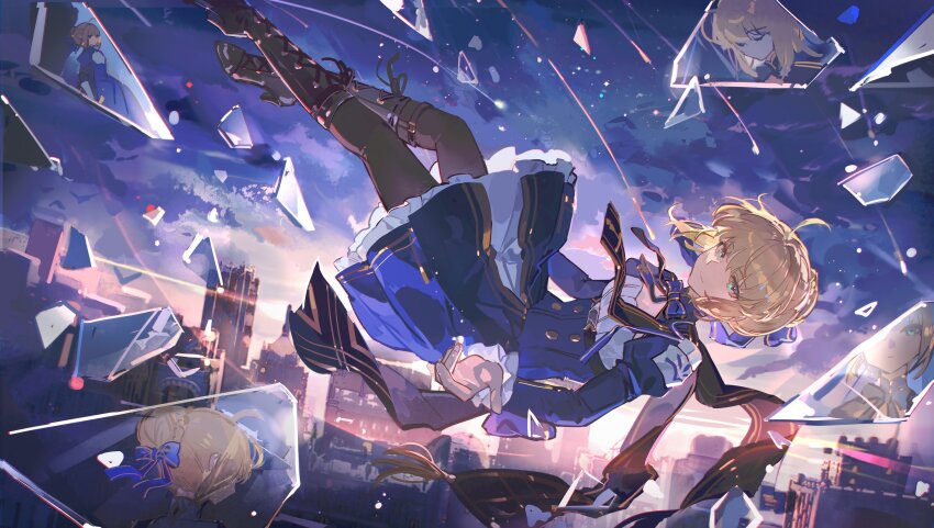 1girl absurdres ahoge artoria_pendragon_(fate) black_boots black_pantyhose blonde_hair blue_bow blue_bowtie blue_dress boots bow bowtie broken_glass city cityscape closed_mouth dress fate/stay_night fate/unlimited_blade_works fate_(series) glass high_heel_boots high_heels highres honkai:_star_rail honkai_(series) knee_boots long_sleeves mento night pantyhose saber_(fate) saber_(honkai:_star_rail)_(fate) smile solo star_(sky)