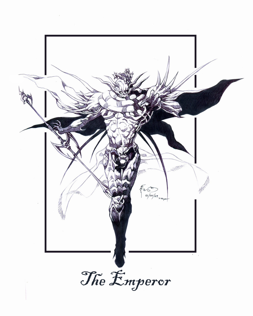 1boy alternate_form cape character_name claws demon dominic_ian_cabatit elbow_blade elbow_spikes emperor_(ff2) final_fantasy final_fantasy_ii fingernails full_body greyscale hands_up highres holding holding_scepter horns knee_pads looking_at_viewer male_focus monochrome multiple_horns reaching reaching_towards_viewer scepter sharp_fingernails shoulder_spikes solo spikes very_long_fingernails waist_cape