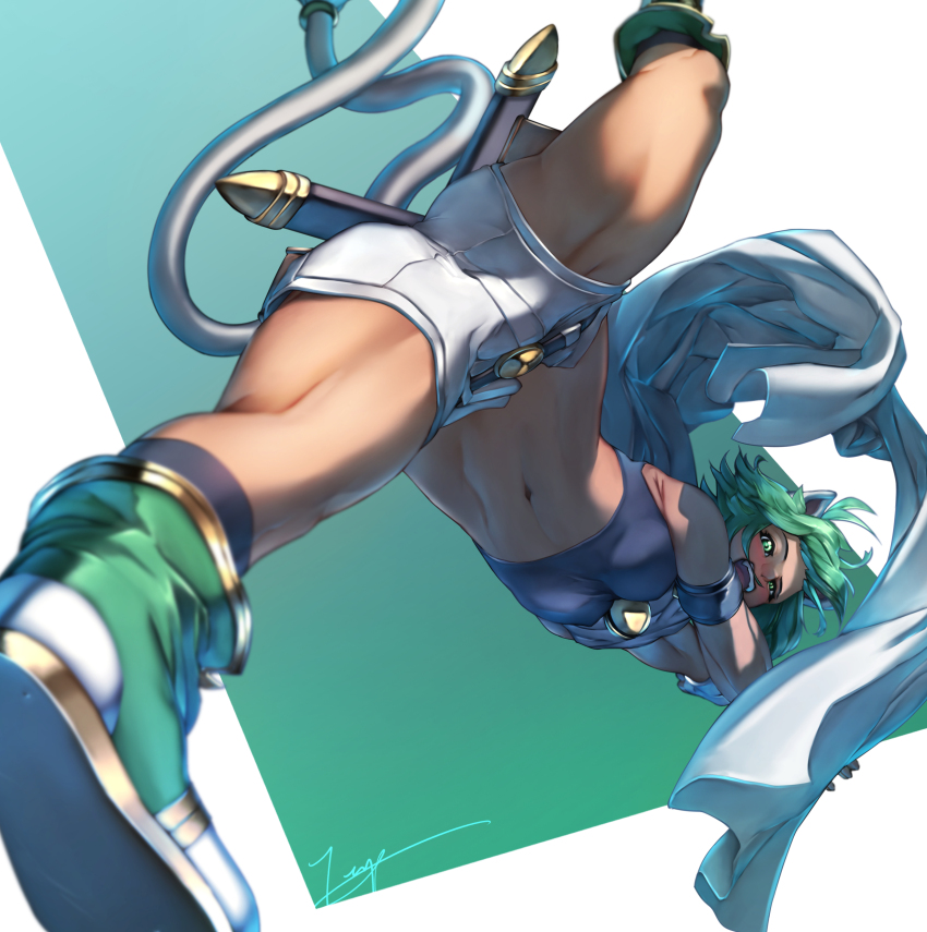 1girl absurdres animal_ears beryl_(shinrabanshou) breasts cat_ears crop_top dynamic_pose green_eyes green_hair highres looking_at_viewer medium_breasts multiple_tails navel open_mouth scarf shinrabanshou shoes short_shorts shorts solo tail teppu_tora toned toned_female two_tails upside-down white_scarf white_shorts