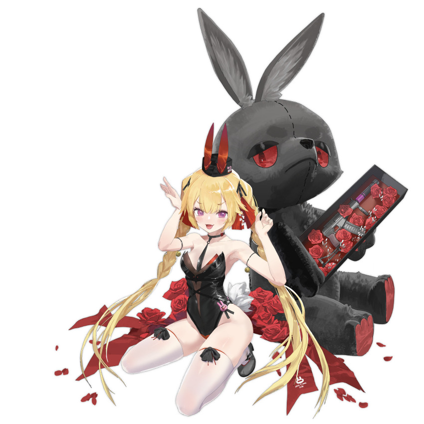 1girl animal_ears black_leotard black_ribbon black_shoes blonde_hair blush box braided_twintails choker collarbone fake_animal_ears fang fingernails flower full_body girls&#039;_frontline hands_up hat hat_with_ears highres leotard looking_at_viewer o-ring o-ring_choker official_art open_mouth pandegg petals purple_eyes rabbit_ears rabbit_pose red_ribbon ribbon rose rose_petals shoes skindentation solo squatting sr-3mp sr-3mp_(a_gift_of_guns_n&#039;_roses)_(girls&#039;_frontline) sr-3mp_(girls&#039;_frontline) stuffed_animal stuffed_rabbit stuffed_toy suppressor thighhighs third-party_source twintails v-shaped_eyebrows vertical_foregrip white_thighhighs