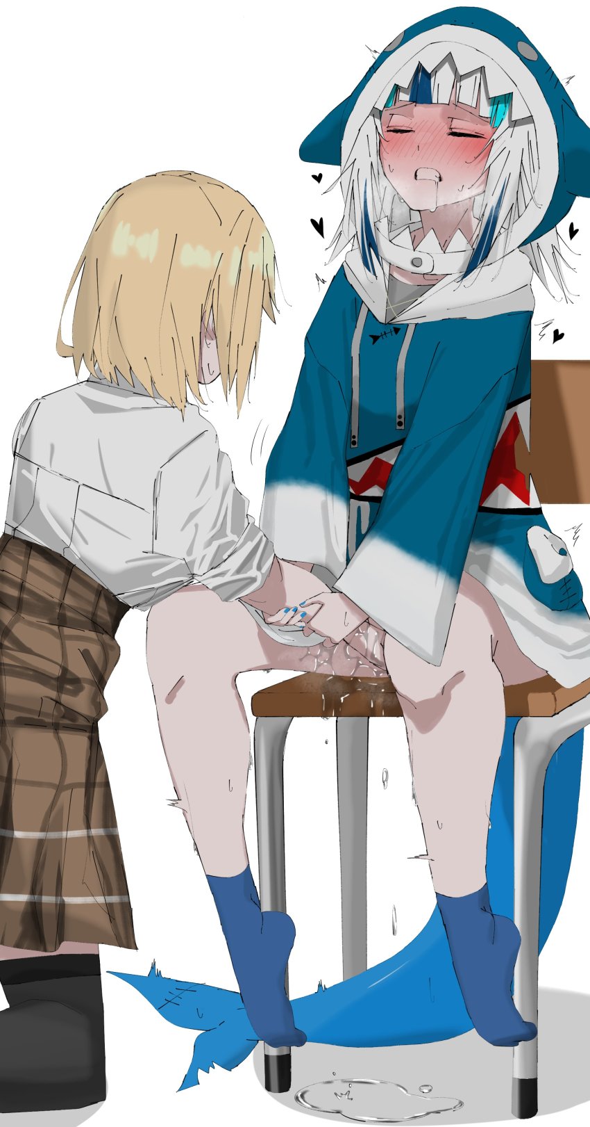 2girls absurdres animal_hood arm_grab artist_request black_thighhighs blonde_hair blue_hair blue_nails blue_socks blush brown_skirt carrot_011 chair clenched_teeth closed_eyes drooling feet fingering fins fish_tail gawr_gura heart highres hololive hololive_english hood kneeling long_hair long_sleeves multicolored_hair multiple_girls nail_polish pleated pleated_skirt puddle pussy_juice pussy_juice_puddle saliva shark_girl shark_hood shark_tail shirt simple_background sitting skirt socks streaked_hair tail teeth thighhighs two-tone_hair virtual_youtuber watson_amelia white_background white_hair white_shirt yuri