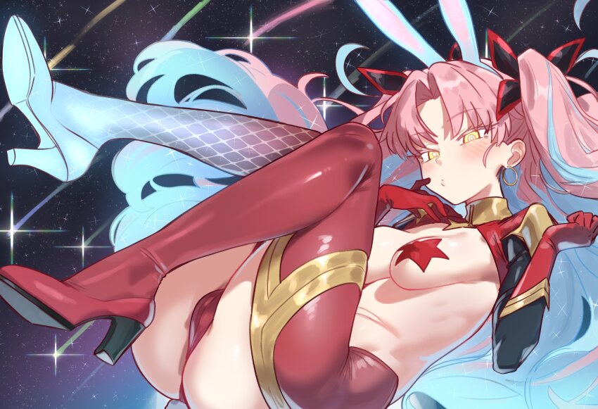 1girl animal_ears black_ribbon blue_hair breasts cameltoe collared_shrug crotchless crotchless_pantyhose earrings ebora facial_mark fake_animal_ears fate/grand_order fate_(series) forehead_mark frontless_outfit hair_ribbon high_heels highres hoop_earrings ishtar_(fate) jewelry latex latex_legwear long_hair looking_at_viewer medium_breasts meme_attire multicolored_hair pantyhose pasties pink_hair rabbit_ears red_footwear red_pantyhose reverse_bunnysuit reverse_outfit ribbon shooting_star shrug_(clothing) solo space space_ishtar_(fate) space_ishtar_(third_ascension)_(fate) star_(symbol) star_pasties two_side_up very_long_hair yellow_eyes