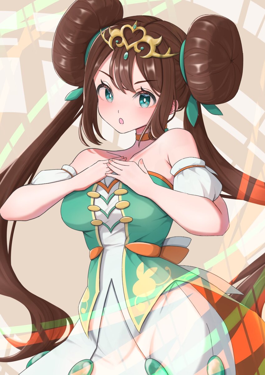 1girl bare_shoulders blue_eyes blush breasts bright_pupils brown_hair collarbone donut_hair_bun double_bun dress hair_bun highres long_hair looking_at_viewer mochitaro_(mothitaroo) nintendo official_alternate_costume open_mouth pokemon pokemon_masters_ex rosa_(champion)_(pokemon) rosa_(pokemon) strapless strapless_dress tiara twintails