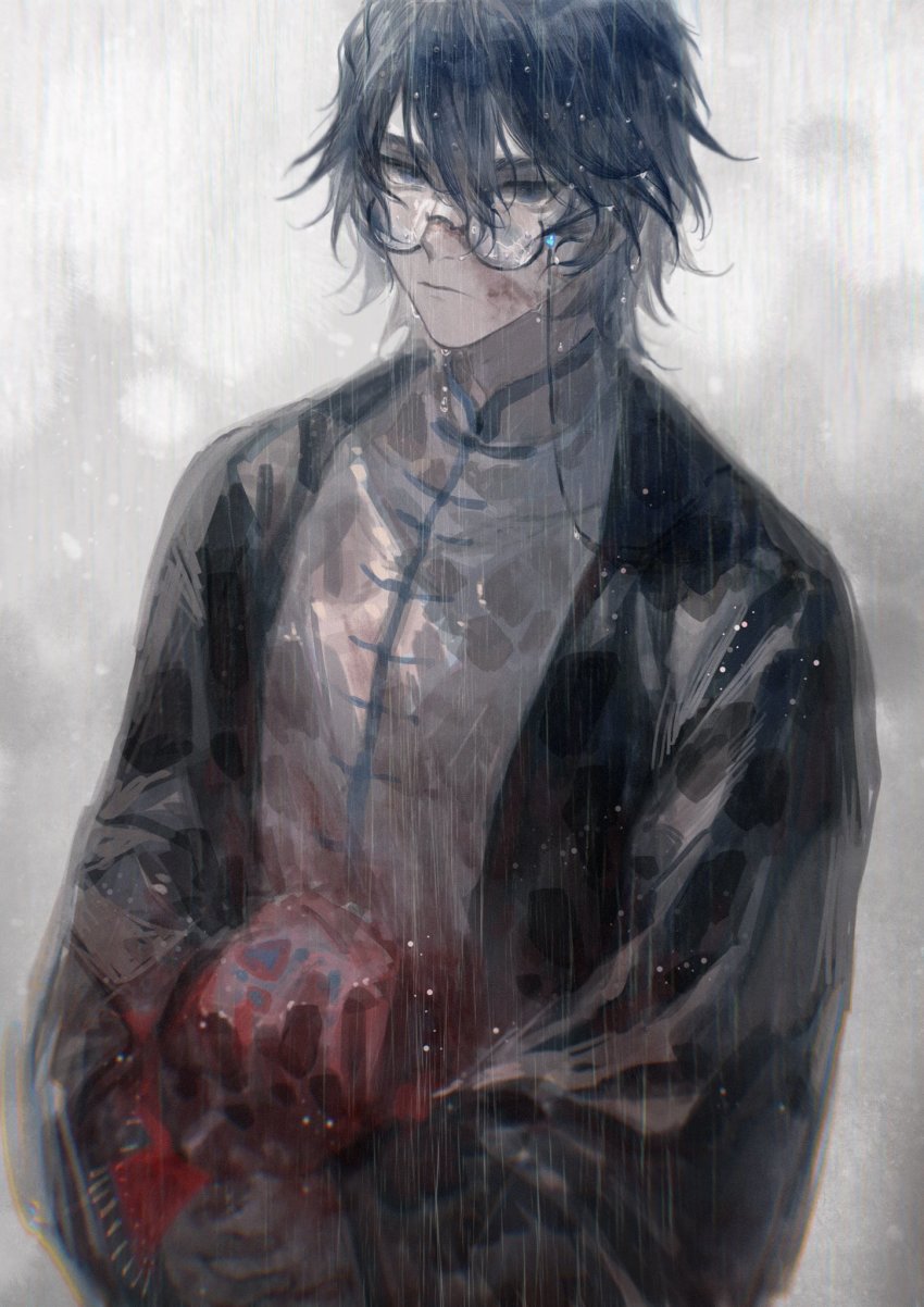 1boy alannoran black_coat blood blood_on_clothes blood_on_face blue_eyes blue_hair blurry broken_eyewear bruise bruise_on_face chinese_clothes closed_mouth coat commentary crack depth_of_field empty_eyes english_commentary eyewear_strap frown glasses grey_background hair_between_eyes highres holding holding_unworn_clothes injury long_sleeves male_focus mixed-language_commentary own_hands_together rain red_scarf scarf short_hair solo sun_meiqi_mystery toggles unworn_scarf upper_body wet wet_clothes wet_hair wide_sleeves