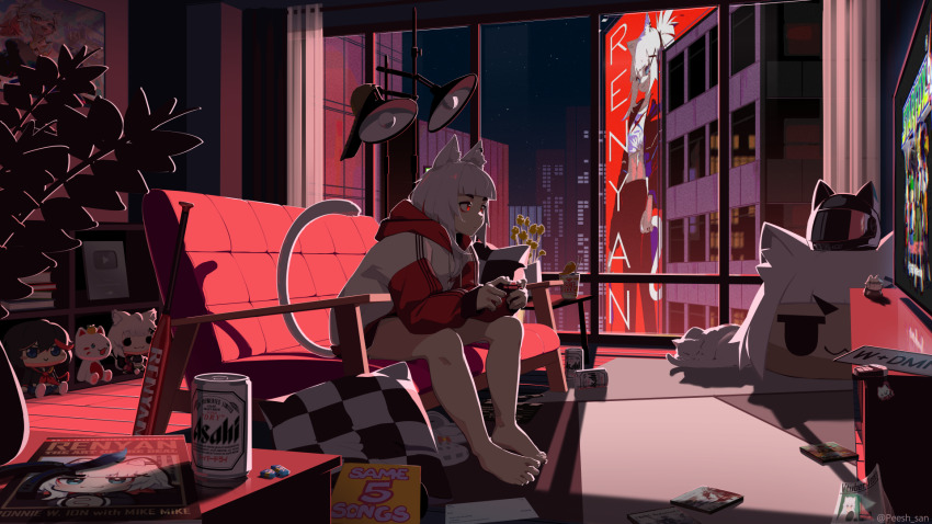 1girl ad animal_ear_fluff animal_ears blue_eyes can city coat controller couch crop_top dolphin_shorts flower highres hood hoodie indoors joystick long_hair looking_to_the_side magazine_(object) mikan_(renyan) night night_sky on_couch original peesh_san perspective pillow playing ponytail red_eyes shorts sitting sky solo star_(sky) stomach stuffed_toy tail television virtual_youtuber white_hair