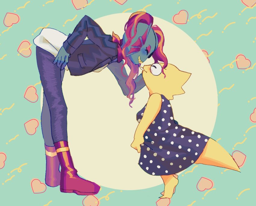 2girls alphys beryllium_game black_dress black_jacket black_pants closed_eyes commentary_request dress fins head_fins heart height_difference highres jacket leaning lizard_tail long_hair multiple_girls pants polka_dot polka_dot_dress red_hair red_shoes reptile_girl shirt shoes sleeveless sleeveless_dress smile tail undertale undyne white_shirt yuri