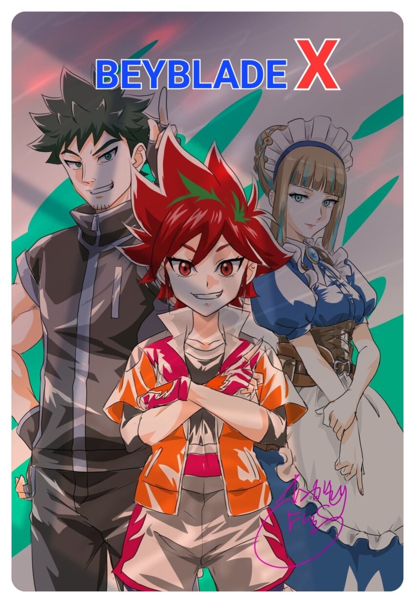 1boy 2girls bad_link beyblade beyblade_x black_tank_top blonde_hair blue_eyes breasts brown_corset corset highres maid maid_headdress meiden_meiko multicolored_hair multiple_girls nekki_ai red_eyes red_hair short_hair tank_top