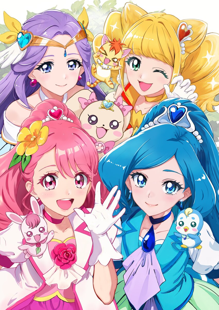 4girls 4others absurdres blue_choker blue_vest bow bowtie choker circlet cone_hair_bun cure_earth cure_fontaine cure_grace cure_sparkle dress earrings flower fuurin_asumi gloves hair_bun hair_flower hair_ornament hanadera_nodoka healin&#039;_good_precure healing_animal heart heart_hair_ornament highres hiramitsu_hinata jewelry ken_akai latte_(precure) leaf_earrings long_hair looking_at_viewer magical_girl multiple_girls multiple_others nyatoran_(precure) one_eye_closed open_mouth orange_bow orange_bowtie pegitan_(precure) pink_choker pink_eyes pink_hair pom_pom_(clothes) pom_pom_earrings precure puffy_sleeves purple_dress purple_eyes purple_hair rabirin_(precure) sawaizumi_chiyu short_sleeves smile split_ponytail tiara very_long_hair vest white_gloves yellow_choker yellow_vest