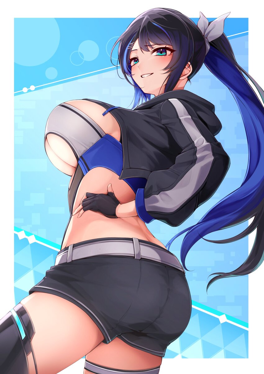 1girl absurdres alyssa_(specktech) ass back belt black_gloves black_hair black_jacket black_shorts blue_hair blush bow breasts clothing_cutout commentary commission cropped_jacket fingerless_gloves from_side gloves grin hair_bow hand_on_own_hip highres hood hooded_jacket jacket large_breasts long_sleeves midriff multicolored_hair second-party_source short_shorts shorts skeb_commission smile solo standing streaked_hair symbol-only_commentary takagi_mitsukuni thighs two-tone_hair underboob_cutout white_belt white_bow