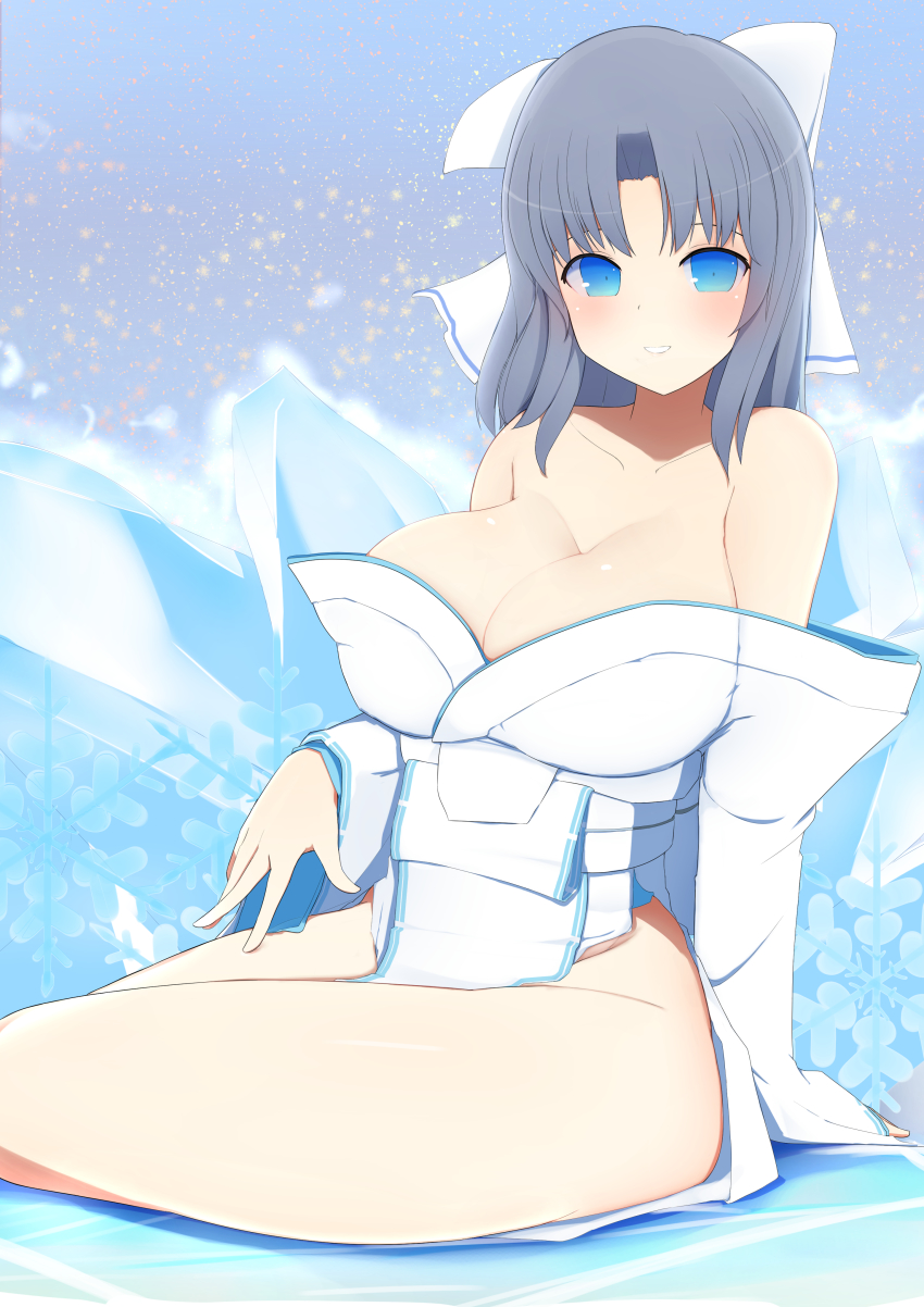 1girl absurdres artist_request blue_eyes blush breasts dress george_(pixiv7099078) hair_ribbon highres ice japanese_clothes large_breasts looking_at_viewer off_shoulder ribbon senran_kagura silver_hair simple_background smile solo white_dress yumi_(senran_kagura)