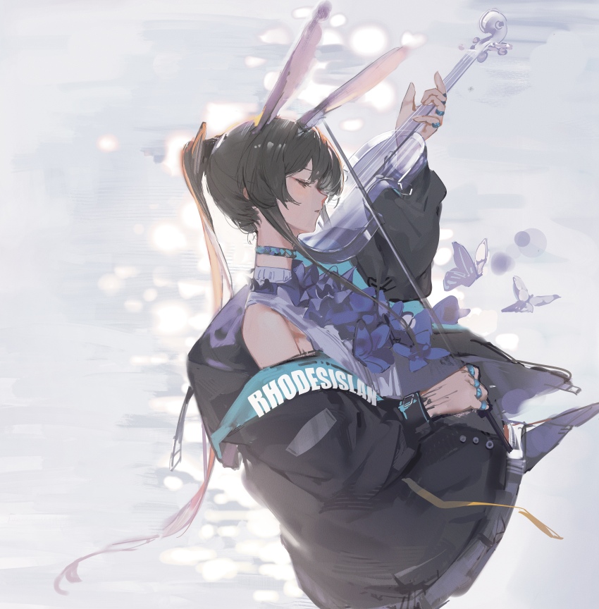 1girl absurdres amiya_(arknights) animal_ears arknights ascot black_jacket blue_ascot brown_hair bug butterfly closed_eyes hair_between_eyes highres holding holding_instrument holding_violin infection_monitor_(arknights) insect instrument jacket jewelry long_hair material_growth music off_shoulder open_clothes open_jacket oripathy_lesion_(arknights) playing_instrument ponytail rabbit_ears rabbit_girl rhodes_island_logo_(arknights) ring shijiubashuazi shirt sleeveless sleeveless_shirt solo very_long_hair violin white_shirt