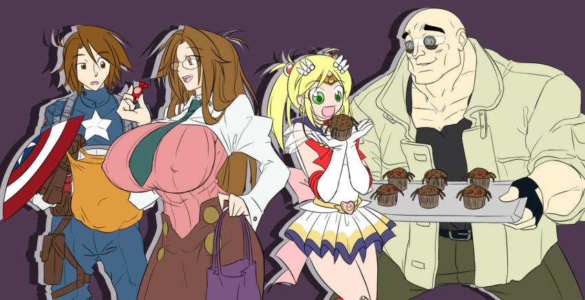2boys 2girls bag bald batou_(gits) batou_(gits)_(cosplay) bespectacled bishoujo_senshi_sailor_moon blonde_hair blue_sailor_collar blush breasts brooch brown_eyes brown_hair candy captain_america captain_america_(cosplay) cosplay covered_erect_nipples cupcake ego_trigger elbow_gloves fingerless_gloves flat_color food ghost_in_the_shell glasses gloves graph_(graphiteknight) green_eyes halloween heart heart_brooch highres holster huge_breasts jewelry magical_girl marvel matt_(ego_trigger) mattie_(ego_trigger) multicolored_skirt multiple_boys multiple_girls necktie original otome_(ego_trigger) sailor_collar sailor_moon shield short_twintails simple_background skirt super_sailor_moon super_sailor_moon_(cosplay) tengen_toppa_gurren_lagann thick_eyebrows tiara tray truck_(ego_trigger) twintails white_gloves yoko_littner yomako yomako_(cosplay)