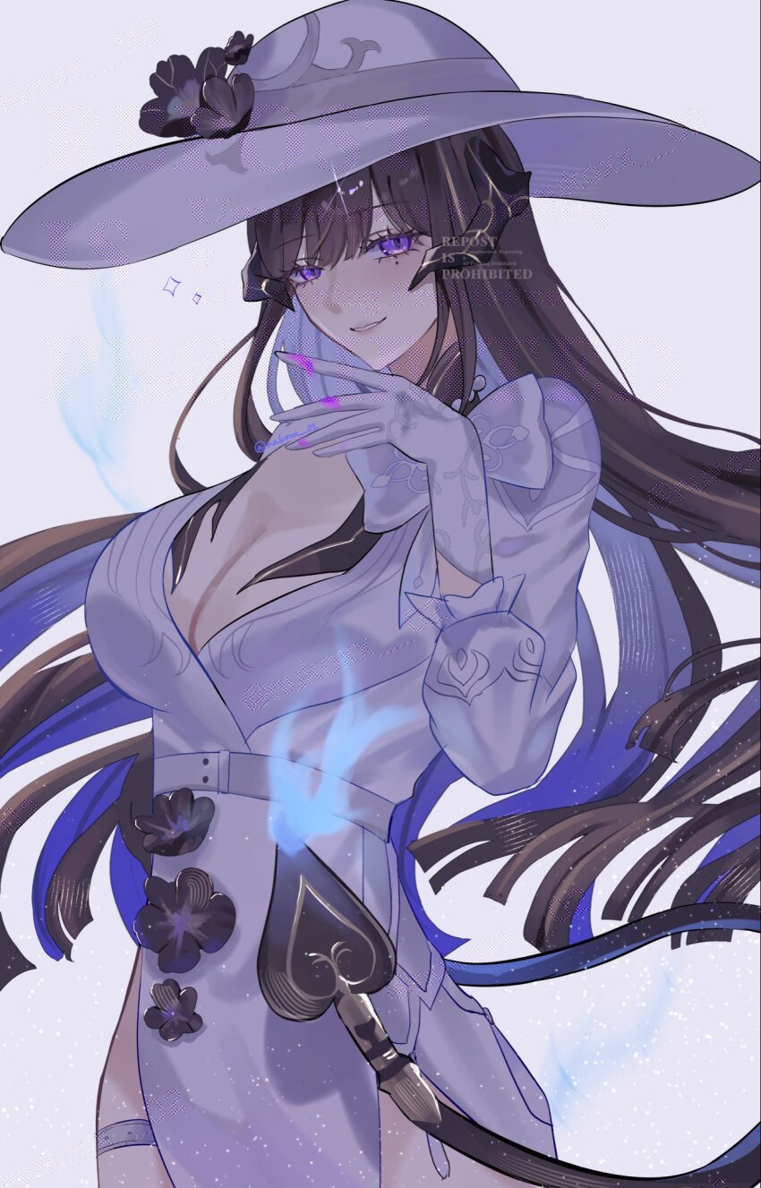 1girl belt black_flower black_hair breasts cleavage constance_(honkai:_star_rail) cowboy_shot demon_horns dress flower gloves hat highres honkai:_star_rail honkai_(series) horns large_breasts long_hair mole mole_under_eye nukoxx_02 puffy_sleeves purple_eyes sun_hat tail thigh_strap very_long_hair watermark white_dress