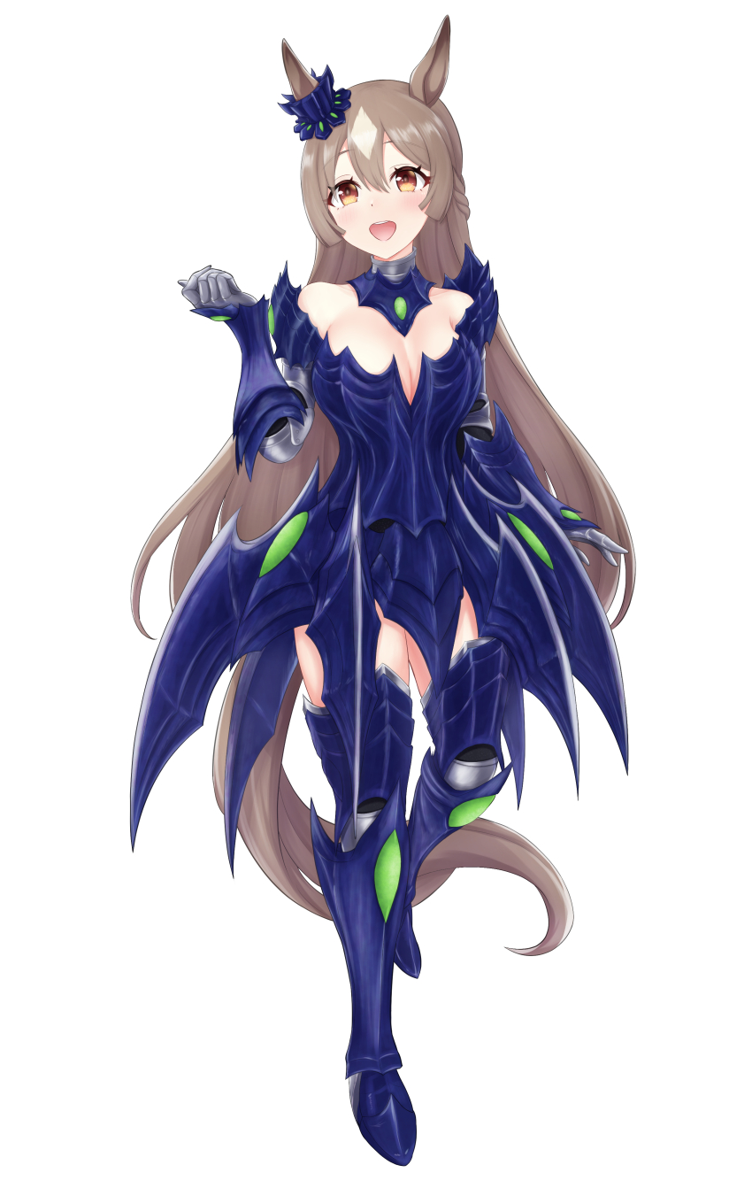 1girl :d absurdres alternate_costume animal_ears armor braid breasts brown_eyes brown_hair cleavage double-parted_bangs full_body hair_between_eyes half_up_braid highres horse_ears horse_girl horse_tail ichimai_(apieceof_ray151) large_breasts long_hair long_sleeves looking_at_viewer multicolored_hair open_mouth satono_diamond_(umamusume) simple_background smile solo streaked_hair tail umamusume very_long_hair white_background