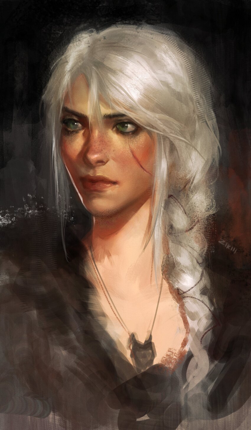 1girl absurdres braid braided_ponytail ciri facial_scar green_eyes highres jewelry katlovesstar long_hair necklace portrait scar scar_on_cheek scar_on_face solo the_witcher_(series) the_witcher_4 white_hair