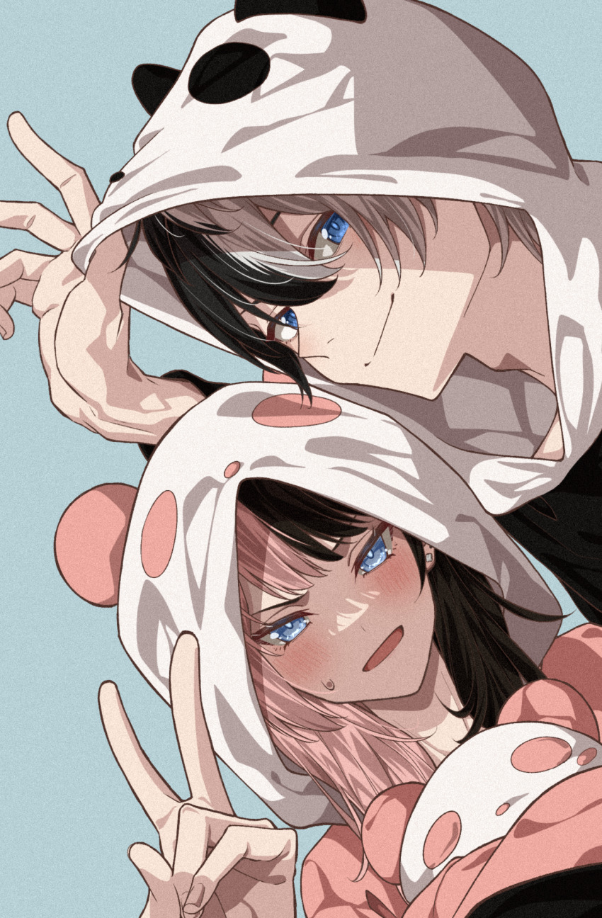 1boy 1girl alternate_costume black_hair blue_eyes brown_hair cosplay double-parted_bangs earrings green_background hair_between_eyes highres hood hooded_pajamas indie_virtual_youtuber iris_black_games jewelry kamito_(vtuber) kigurumi long_hair looking_at_viewer multicolored_hair open_mouth pajamas pink_hair simple_background smile split-color_hair stuffed_animal stuffed_toy sweatdrop tachibana_hinano tawashi_(tawashi324) two-tone_hair v virtual_youtuber vspo! white_hair