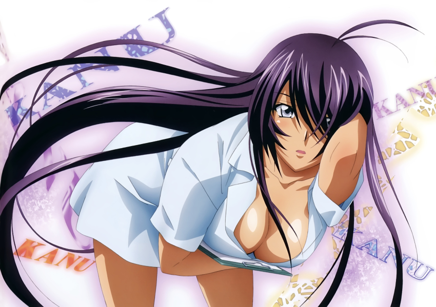 00s 1girl absurdres antenna_hair black_hair breasts character_name cleavage collarbone dark-skinned_female dark_skin female_focus grey_eyes hair_over_one_eye hand_in_own_hair highres ikkitousen kan&#039;u_unchou large_breasts long_hair looking_at_viewer no_bra rin-sin shirt solo surprised very_long_hair white_shirt