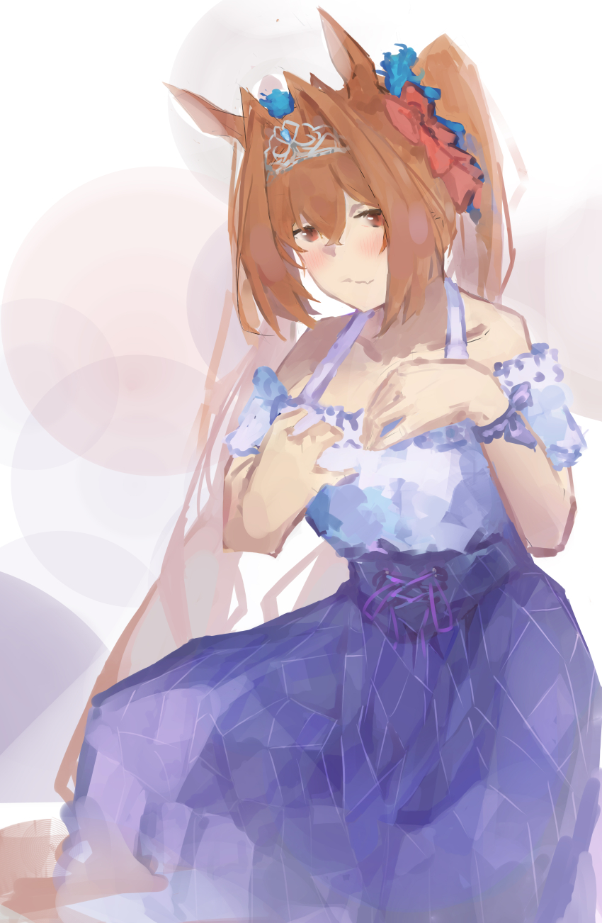 1girl absurdres animal_ears bare_shoulders blue_dress blue_ribbon brown_hair collarbone daiwa_scarlet_(umamusume) dress hair_intakes hair_ornament hair_ribbon hands_on_own_chest hands_up highres horse_ears horse_girl long_dress long_hair off-shoulder_dress off_shoulder ribbon solo tiara twintails umamusume very_long_hair wista