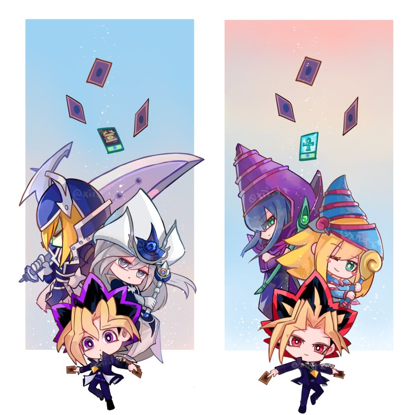 2girls 4boys ankh artist_name blonde_hair blue_hat cactusxii crossed_arms dark_magician dark_magician_girl duel_disk duel_monster fake_horns gloves gold_sarcophagus green_eyes grey_hair hat helmet highres holding holding_staff holding_sword holding_weapon horned_helmet horns millennium_puzzle monster_reborn multicolored_hair multiple_boys multiple_girls muto_yugi one_eye_closed purple_eyes red_eyes silent_magician silent_swordsman smile staff sword watermark weapon white_gloves white_hat wizard_hat yami_yugi yu-gi-oh! yu-gi-oh!_duel_monsters
