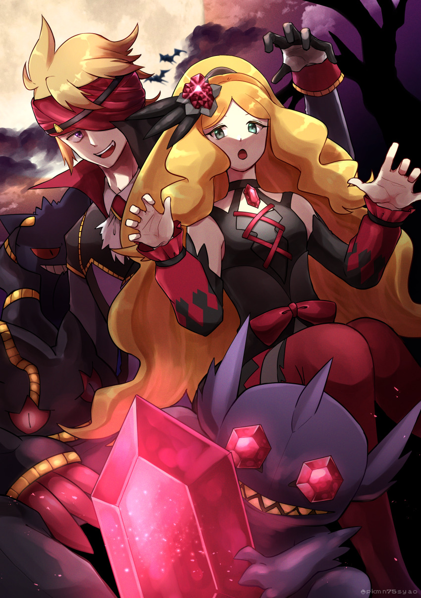 1boy 1girl :o absurdres ascot banette bare_shoulders blonde_hair caitlin_(fall_2021)_(pokemon) caitlin_(pokemon) claw_pose commentary_request gem gen_3_pokemon gloves green_eyes hairband hands_up headband highres long_hair looking_at_viewer mega_banette mega_pokemon mega_sableye morty_(fall_2021)_(pokemon) morty_(pokemon) nintendo official_alternate_costume open_mouth pantyhose parted_bangs pokemon pokemon_(creature) pokemon_masters_ex red_headband red_pantyhose sableye sho_ga75 short_hair sidelocks teeth tongue upper_teeth_only white_ascot