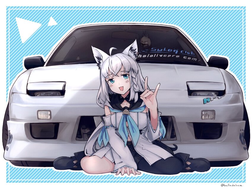 1girl :d ahoge animal_ear_fluff animal_ears balladeluce black_boots black_shorts black_thighhighs blue_background blue_eyes blue_neckerchief blush boots border braid car check_vehicle detached_sleeves fox_ears fox_girl fox_shadow_puppet fox_tail hand_up highres hololive hood hoodie long_hair long_sleeves looking_at_viewer motor_vehicle neckerchief nissan nissan_180sx nissan_silvia nissan_silvia_s13 open_mouth pop-up_headlights shirakami_fubuki shirakami_fubuki_(1st_costume) short_shorts shorts side_braid sidelocks single_thighhigh sitting smile solo striped_background tail thighhighs vehicle_focus vehicle_request virtual_youtuber wariza white_border white_car white_hair white_hoodie white_sleeves wide_sleeves