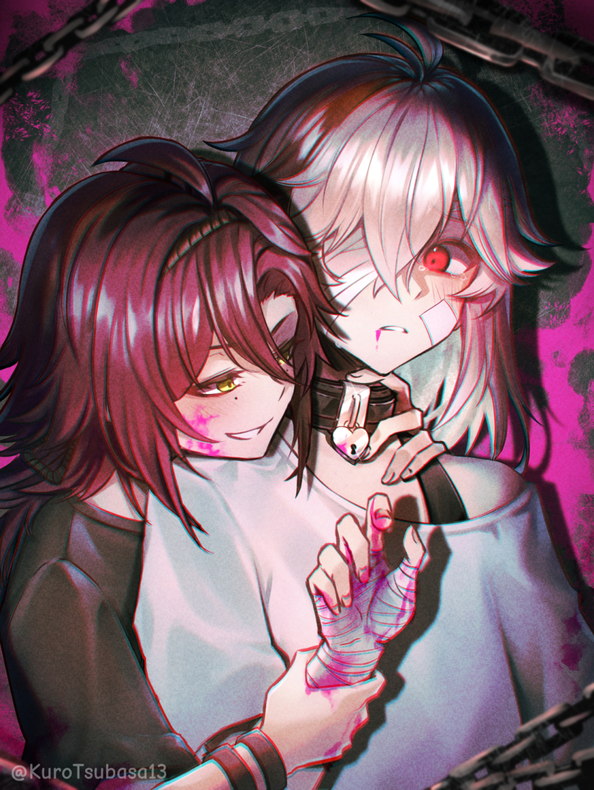 2boys bandaged_hand bandages black_choker black_shirt blood choker collar genshin_impact green_eyes grey_hair hair_between_eyes hair_over_one_eye highres kaedehara_kazuha kuro_tsubasa long_hair male_focus mole mole_under_eye multicolored_hair multiple_boys red_eyes red_hair shikanoin_heizou shirt smile streaked_hair white_hair white_shirt yaoi