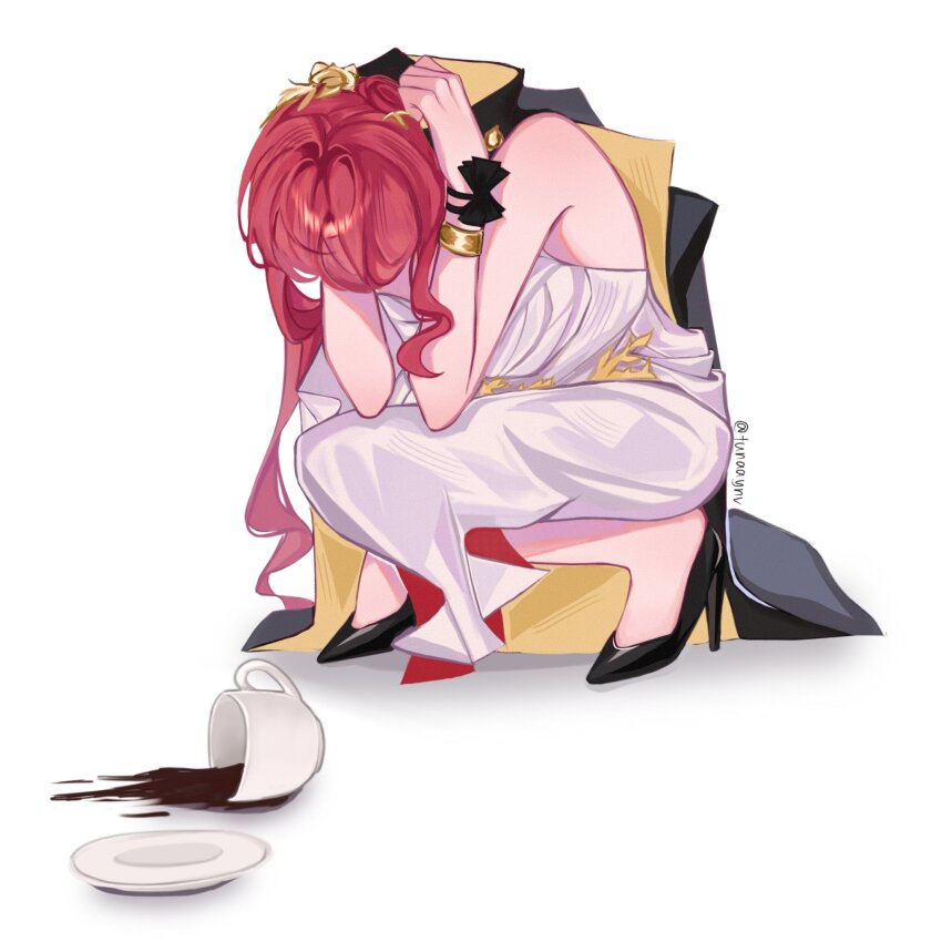 1girl bare_arms bare_shoulders black_footwear bracelet cup dress high_heels highres himeko_(honkai:_star_rail) honkai:_star_rail honkai_(series) jewelry long_hair mug red_hair sleeveless sleeveless_dress solo spill squatting tunaaynv very_long_hair white_dress