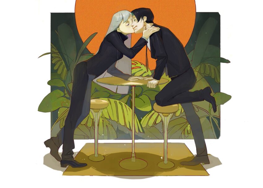 1boy 1girl angelica_(project_moon) black_hair black_suit border closed_eyes fern formal_clothes glass_table hand_on_another&#039;s_shoulder hands_on_table kiss kissing_cheek leaning_forward library_of_ruina light_particles long_hair outside_border plant potted_plant project_moon roland_(project_moon) second-party_source smile soruha standing standing_on_one_leg stool suit sun_behind_head table very_long_hair white_border white_hair wuruko