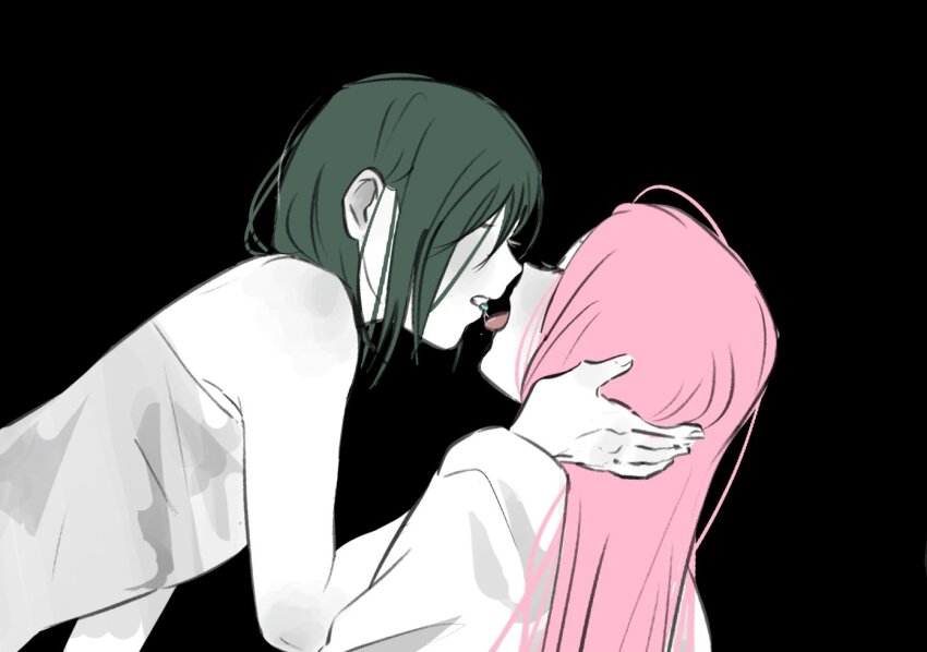 2girls after_kiss alien_stage black_background black_hair closed_eyes from_side hand_on_another&#039;s_head long_hair mizi_(alien_stage) motii multiple_girls pill_on_tongue pink_hair short_hair sua_(alien_stage) tongue tongue_out yuri