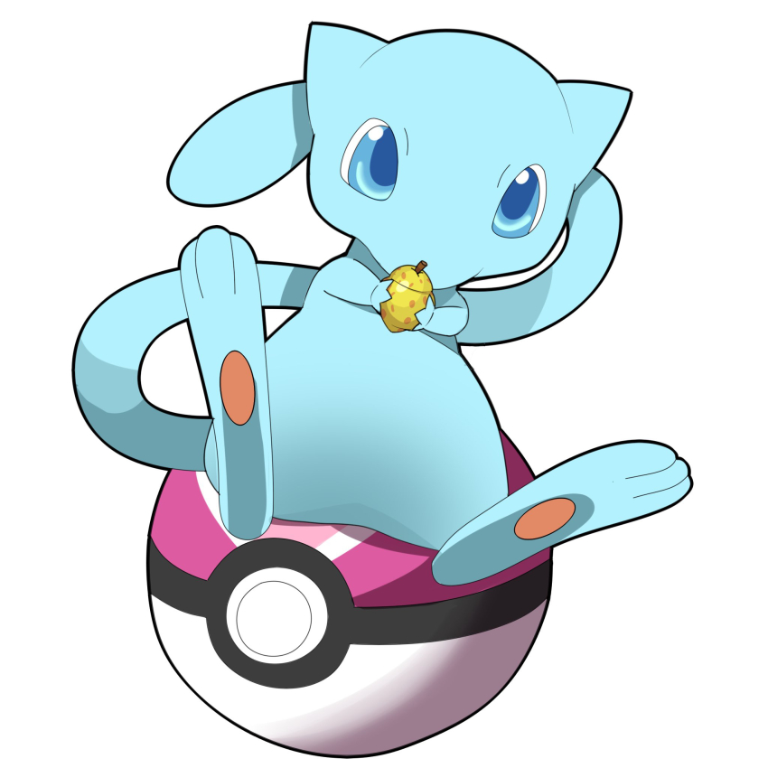 alternate_color berry_(pokemon) blue_eyes cacao_(chocolat) commentary_request gen_1_pokemon highres holding legendary_pokemon looking_at_viewer love_ball mew_(pokemon) mythical_pokemon nintendo no_humans poke_ball pokemon pokemon_(creature) shiny_pokemon simple_background sitrus_berry solo white_background