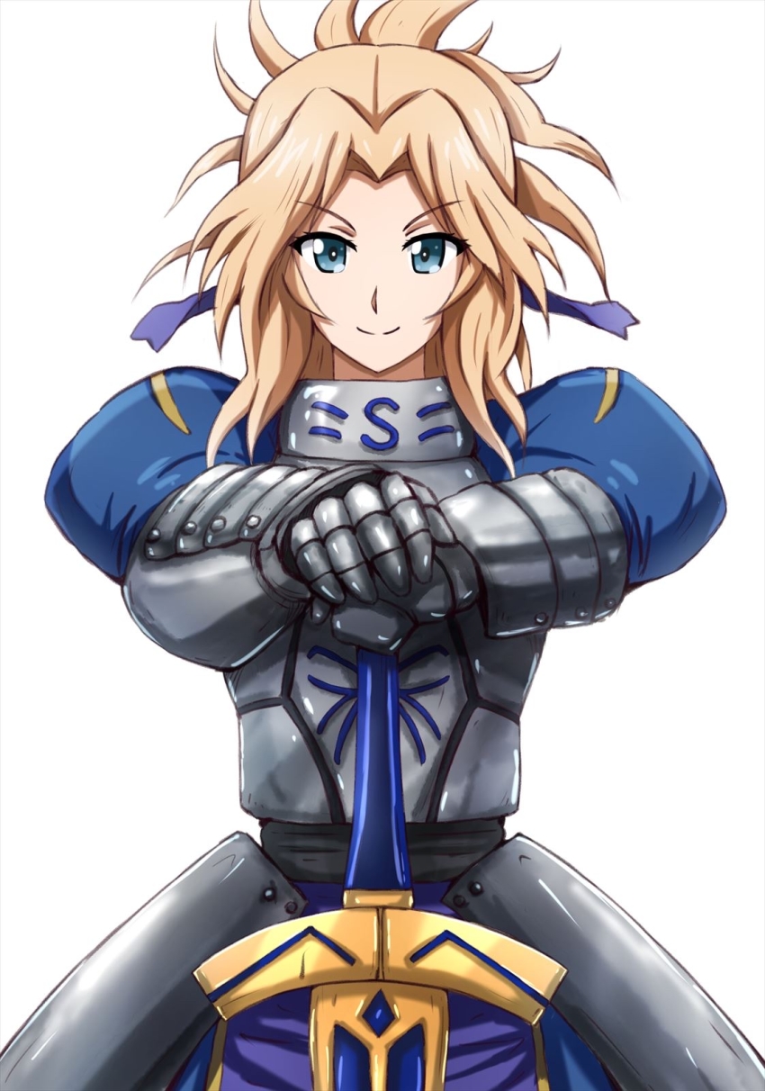 1girl armor armored_dress artoria_pendragon_(fate) blonde_hair blue_dress blue_eyes blue_ribbon closed_mouth cosplay dress excalibur_(fate/stay_night) fate/stay_night fate_(series) gauntlets girls_und_panzer gloves grey_gloves hair_intakes hair_ribbon hair_up highres holding holding_sword holding_weapon kawasumi_ayako kay_(girls_und_panzer) looking_at_viewer medium_hair omachi_(slabco) ponytail ribbon saber_(fate) saber_(fate)_(cosplay) simple_background smile solo standing sword v-shaped_eyebrows voice_actor_connection weapon white_background
