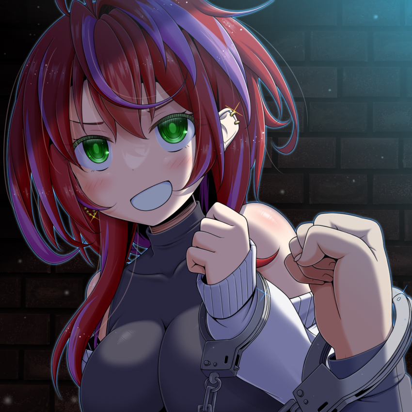 1girl 1other akane_canna alternate_costume black_shirt blush breasts brick_wall commentary_request cuffs earrings green_eyes grey_sweater grin handcuffs highres impossible_clothes impossible_shirt jewelry large_breasts long_hair long_sleeves looking_at_viewer miso_panda multicolored_hair multiple_earrings nanashi_inc. pov pov_hands purple_hair red_hair shirt sleeveless sleeveless_shirt smile solo_focus streaked_hair sweater two-tone_hair upper_body virtual_youtuber