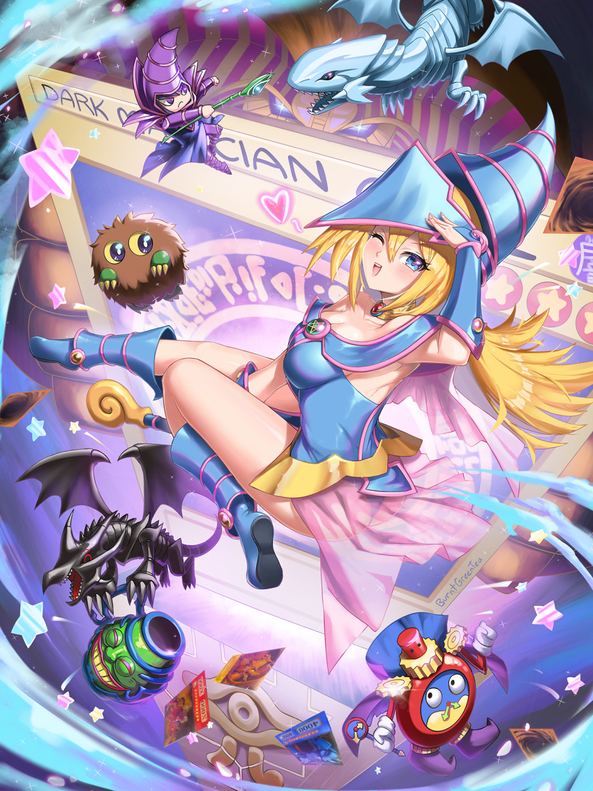 1boy 1girl armpits artist_name ass bare_shoulders blonde_hair blue-eyes_white_dragon blue_dress blue_eyes blush boots breasts burnt_green_tea capelet card cleavage collar commentary dark_magician dark_magician_girl dragon dress duel_monster exodia_the_forbidden_one full_body hat highres knee_boots kuriboh lips long_hair looking_at_viewer medium_breasts millennium_puzzle obelisk_the_tormentor one_eye_closed open_mouth osiris_the_sky_dragon pentacle pot_of_greed red-eyes_black_dragon see-through_clothes shiny_skin short_dress signature simple_background smile teeth the_winged_dragon_of_ra thighs time_wizard vambraces wand yu-gi-oh! yu-gi-oh!_duel_monsters