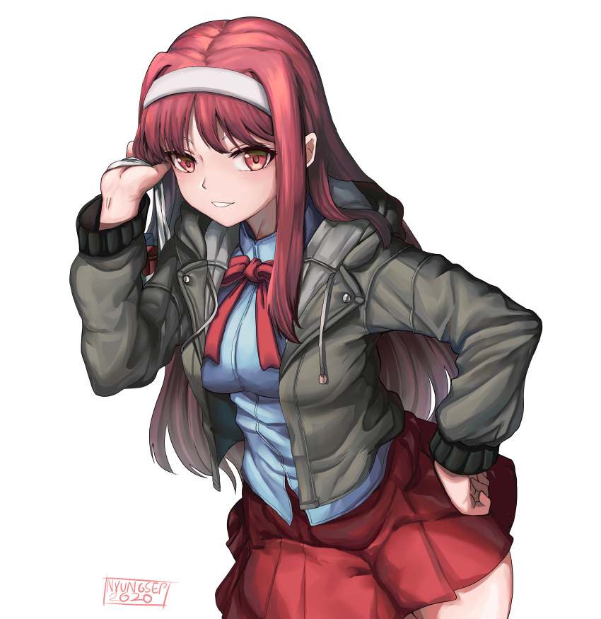 1girl 2020 absurdres bag blush breasts commission hair_intakes hairband hand_on_own_hip highres hood hood_down hooded_jacket jacket long_hair medium_breasts melty_blood nyungsep open_clothes open_jacket pleated_skirt red_eyes red_hair red_ribbon red_skirt ribbon school_uniform shirt shopping_bag signature skirt smile solo thighs tohno_akiha tohno_akiha tsukihime vermillion_akiha white_background white_hairband white_shirt