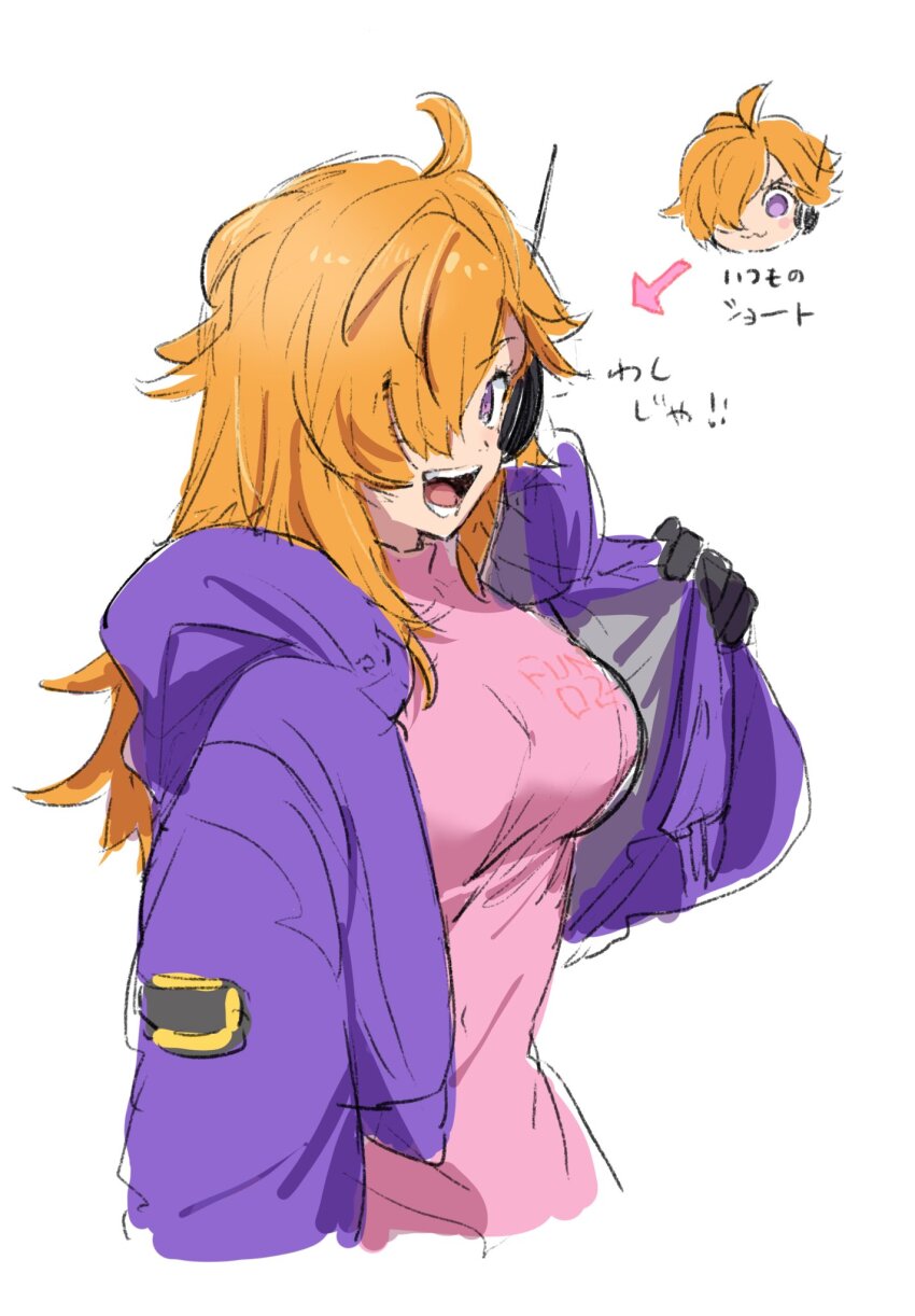 af60489 alternate_hairstyle bodysuit breasts hair_over_one_eye highres hood hooded_jacket hoodie jacket long_hair looking_at_viewer one_piece open_clothes open_jacket open_mouth orange_hair pink_bodysuit purple_eyes purple_hoodie purple_jacket smile teeth vegapunk_lilith