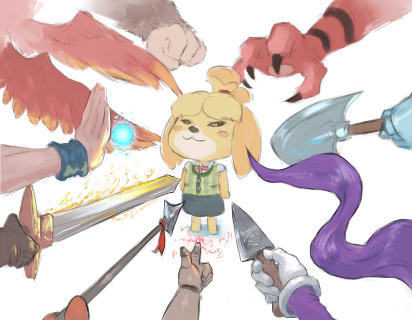 1girl :3 aladdin_(movie) animal_crossing animal_ears annotated bandana_waddle_dee banjo-kazooie banjo_(banjo-kazooie) blonde_hair blush_stickers commentary crossover cutesexyrobutts dog_ears dog_girl dragon_ball english_commentary gen_7_pokemon geno_(mario) golden_sun incineroar isaac_(golden_sun) isabelle_(animal_crossing) john_wick kazooie_(banjo-kazooie) kirby_(series) knife knife_cat_(meme) logo mario_(series) meme multiple_crossover nintendo plaid_clothes plaid_shirt pokemon pokemon_(creature) prehensile_hair shantae shantae_(series) shirt shovel_knight shovel_knight_(character) simple_background skirt smug solid_oval_eyes solo_focus son_goku super_mario_rpg super_smash_bros. sword v-shaped_eyebrows waluigi weapon white_background