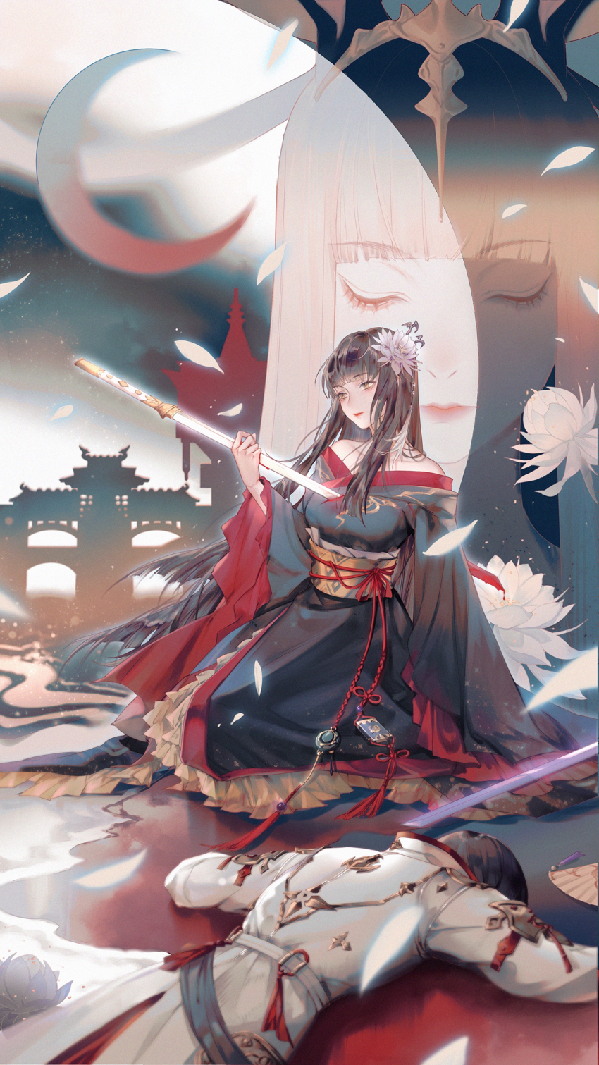 1boy 1girl architecture asahi_sas_brutus bat_hair_ornament black_hair black_kimono bleeding blood blood_on_hands blood_stain bloody_weapon blunt_bangs bridge brooch brother_and_sister brown_eyes chinese_commentary closed_eyes closed_mouth coat commentary_request crescent_moon death dual_persona east_asian_architecture epiphyllum eyelashes eyeliner eyeshadow face_down final_fantasy final_fantasy_xiv flower folding_fan frilled_kimono frills hair_flower hair_ornament hand_fan highres hime_cut holding holding_sword holding_weapon japanese_clothes jewelry kanzashi kimono knot lips lipstick long_hair makeup moon obi off_shoulder petals pool_of_blood red_eyeliner red_eyeshadow sash sheath siblings sidelocks sitting sky spoilers stab star_(sky) starry_sky sword tassel tsukuyomi_(ff14) very_long_hair weapon white_coat white_hair wind xi_chu_yang_guan yotsuyu_goe_brutus yuujo