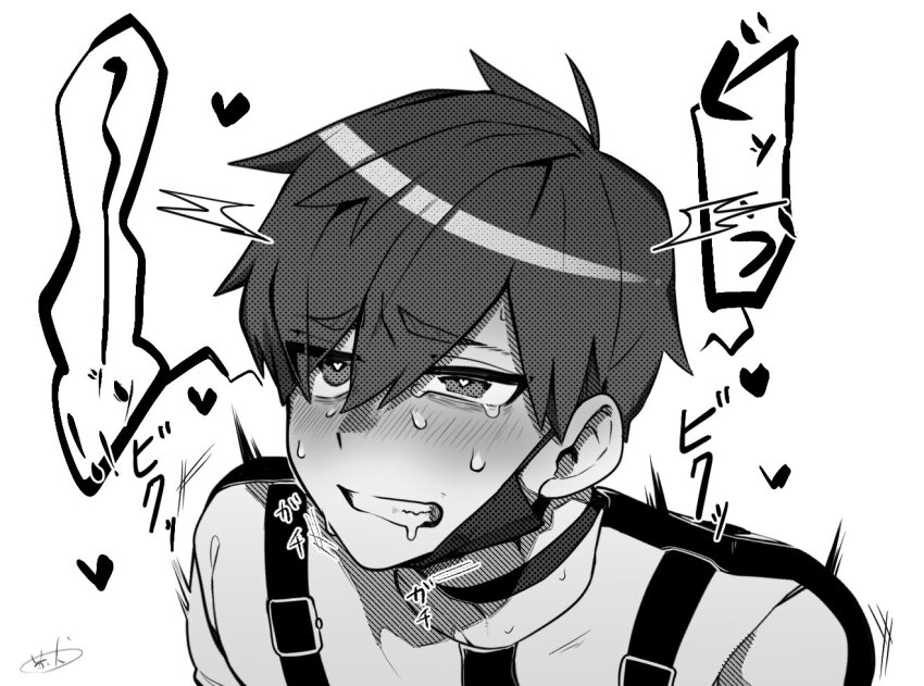 1boy blush crying crying_with_eyes_open drooling greyscale heart heart-shaped_pupils kajiyama_fuuta male_focus mask milgram monochrome mouth_mask solo symbol-shaped_pupils tears twitching user_tzcc7887