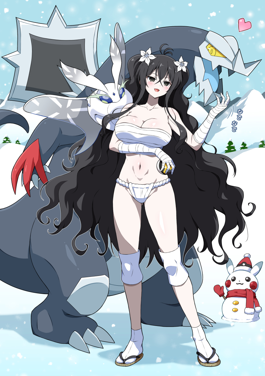 1girl :d absurdres baxcalibur black_eyes black_hair blue_spine blush breasts budget_sarashi bug character_snowman chest_sarashi claws cleavage collarbone colored_sclera crossover dragon eggman_(ni_tamagoex) fangs flower fluffy frosmoth fubuki_(senran_kagura) fundoshi gen_1_pokemon gen_8_pokemon groin hair_between_eyes hair_flower hair_ornament heart highres holding holding_poke_ball insect japanese_clothes knee_guards large_breasts linea_alba long_hair long_tail mini_snowman mittens moth mountain mountainous_horizon navel nintendo on_shoulder open_mouth pale_skin pikachu poke_ball poke_ball_print pokemon pokemon_(creature) pokemon_on_shoulder red_scarf sandals sarashi scarf senran_kagura senran_kagura_new_link skin_fangs sky smile snow snowing snowman spine spines spinosaurus tabi tail translation_request tree ultra_ball very_long_hair wavy_hair white_flower white_lily winter yellow_sclera zouri