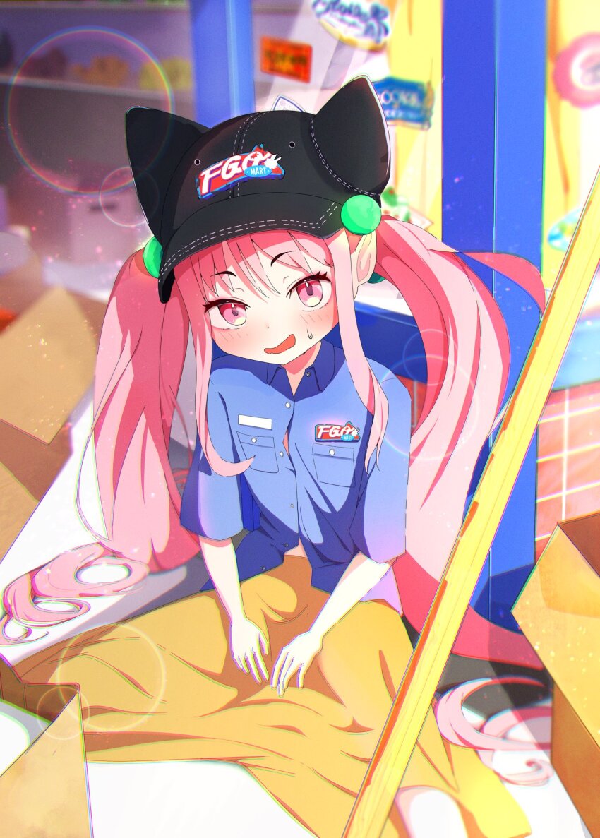 baggy_clothes baggy_pants blush braid carton faerie_knights_(fate) fate/grand_order fate_(series) habetrot_(fate) half_up_braid hat highres long_hair looking_at_viewer lumine0_0 open_mouth pants pink_hair red_eyes