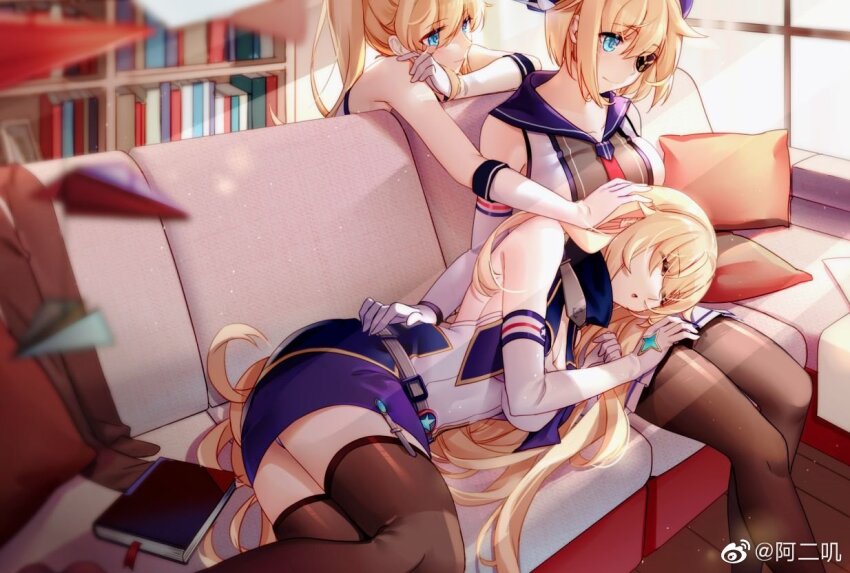 3girls aer_(tengqiu) bare_shoulders blonde_hair blue_eyes blue_skirt book bookshelf breasts closed_eyes couch curtains elbow_gloves enterprise_(warship_girls_r) eyepatch gloves hornet_(warship_girls_r) indoors lap_pillow long_hair lying multiple_girls on_side pantyhose ponytail short_hair sitting skirt sleeping sleeveless thighhighs warship_girls_r watermark weibo_watermark white_gloves window yorktown_(warship_girls_r)