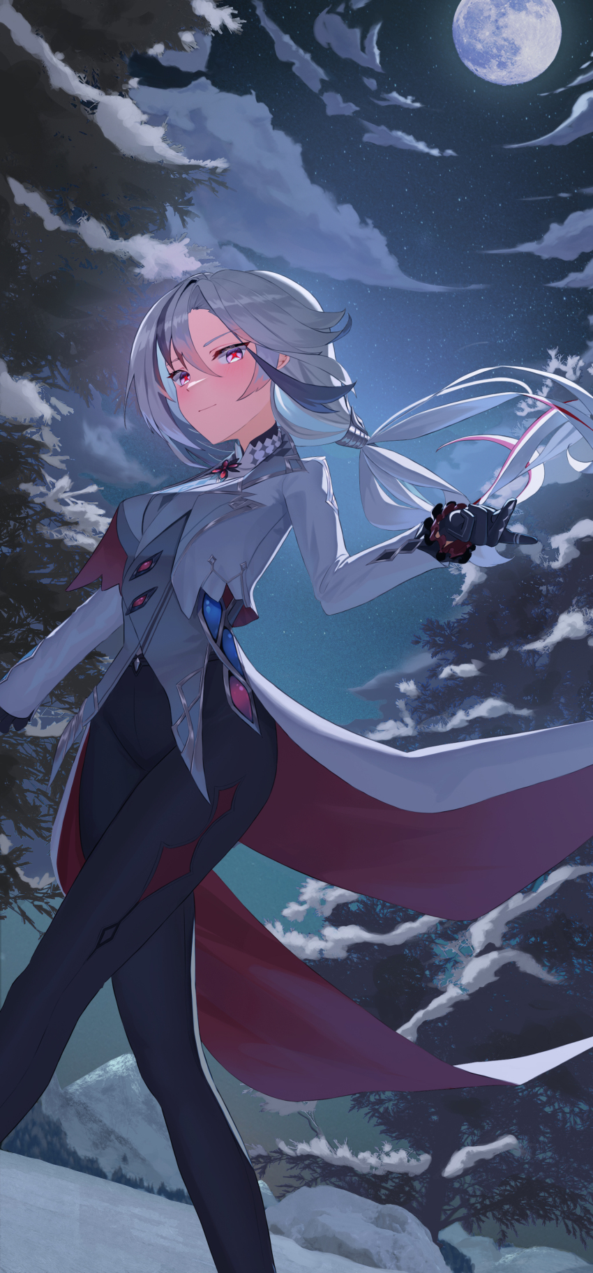 1girl absurdres arlecchino_(genshin_impact) black_hair black_hands black_pants black_sky blue_hair blue_sky box_(bagsang59049289) breasts closed_mouth cloud cloudy_sky colored_extremities colored_inner_hair commentary english_commentary feet_out_of_frame floating_hair full_moon genshin_impact gradient_sky grey_hair hair_between_eyes hair_ornament hand_up highres jacket jewelry lapels long_hair long_sleeves looking_at_viewer low_ponytail medium_breasts moon moonlight mountain multicolored_hair multiple_rings night night_sky outdoors pants pine_tree ponytail red_eyes red_pupils ring shirt sky smile snow snow_on_tree solo star_(sky) starry_sky symbol-shaped_pupils tree two-tone_hair walking white_jacket white_shirt winter x-shaped_pupils