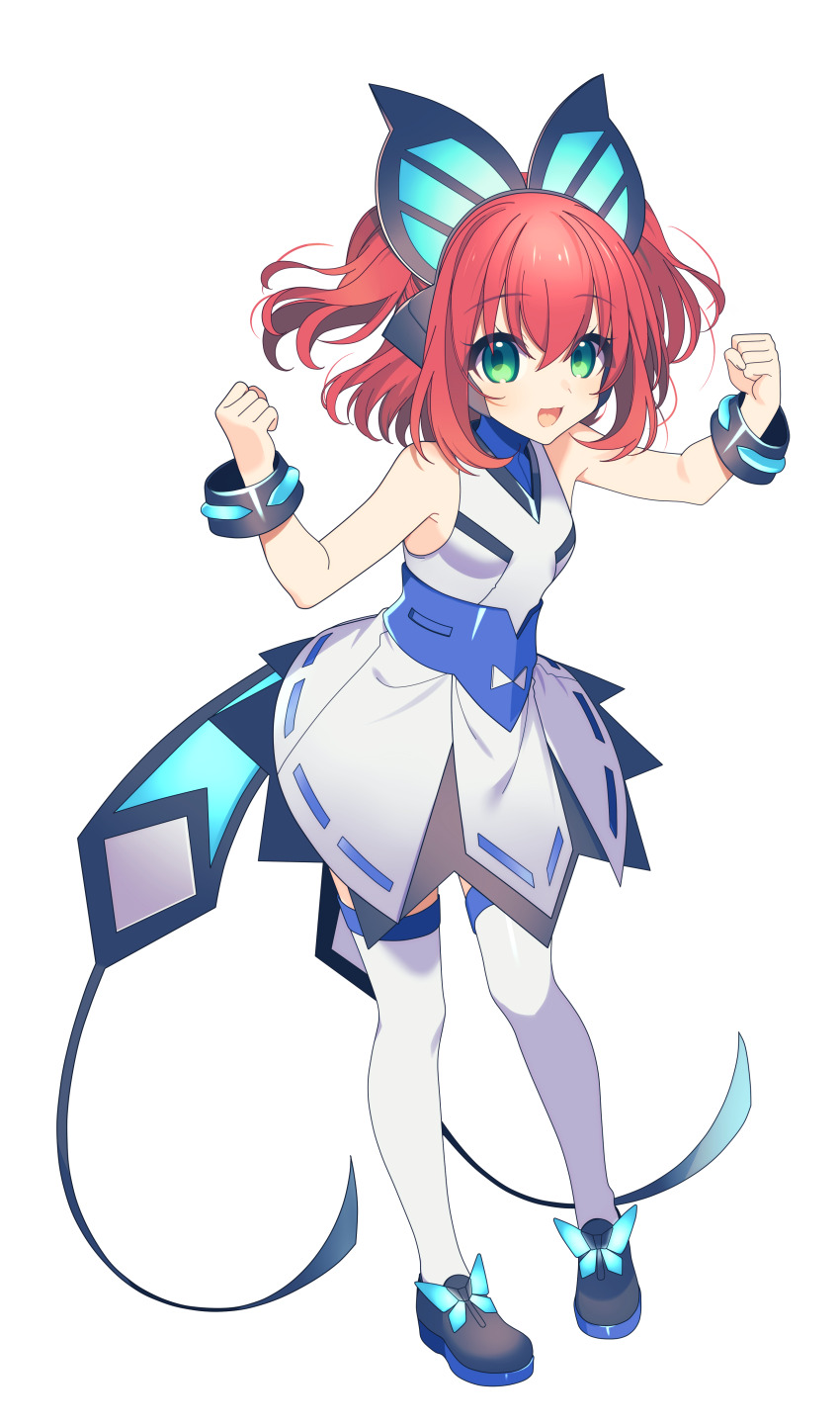 1girl absurdres armlet arms_up azure_striker_gunvolt azure_striker_gunvolt_2 black_armlet black_shoes breasts butterfly_hair_ornament clenched_hands commission commissioner_upload cosplay dress full_body ganbaru_pose green_eyes hair_between_eyes hair_ornament headphones highres jewelry kurosawa_ruby lololotton looking_at_viewer love_live! love_live!_sunshine!! lumen_(gunvolt) lumen_(gunvolt)_(cosplay) medium_hair multicolored_dress multicolored_thighhighs open_mouth red_hair shoes skeb_commission sleeveless small_breasts smile solo thighhighs two_side_up white_background