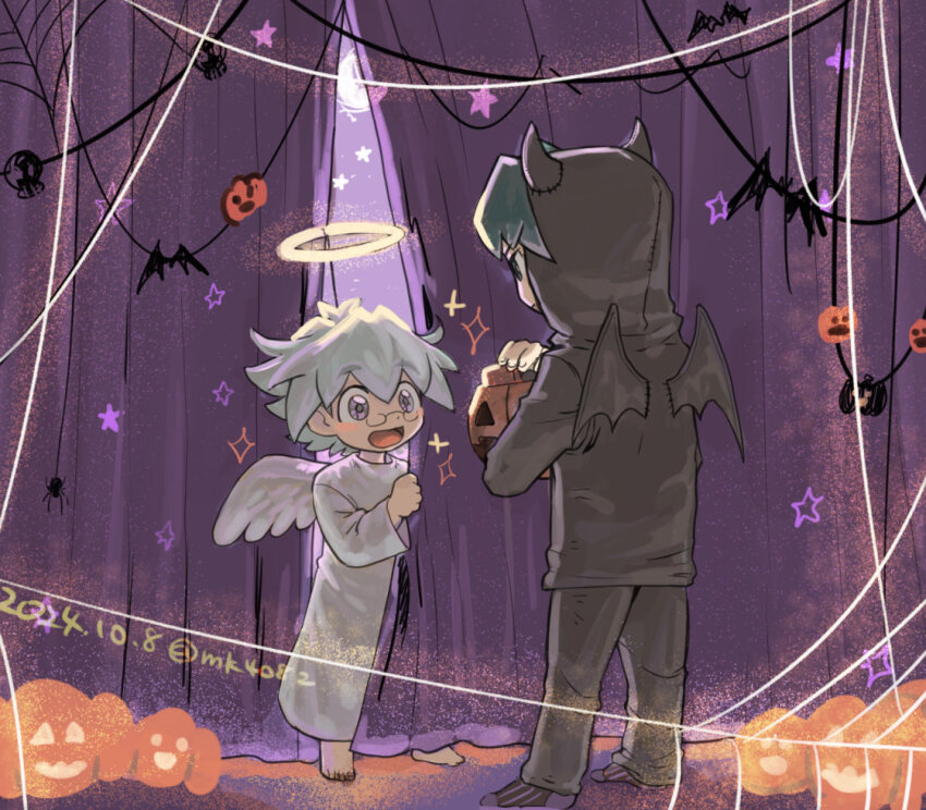 2boys angel barefoot blush_stickers brothers curtains demon_costume fake_halo green_hair halloween_bucket halo holding marufuji_ryo marufuji_sho moiko multiple_boys open_mouth purple_eyes short_hair siblings socks traditional_halo white_wings wings yu-gi-oh! yu-gi-oh!_gx