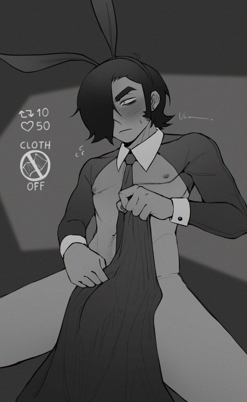 1boy absurdres animal_ears averting_eyes blush commentary covering_privates embarrassed english_commentary existenc3 fake_animal_ears greyscale hair_over_one_eye highres holding_cloth long_sleeves male_focus male_playboy_bunny matthew_patel meme_attire monochrome necktie nipples pectorals rabbit_ears reverse_bunnysuit reverse_outfit scott_pilgrim_(series) scott_pilgrim_takes_off short_hair sitting solo twitter_strip_game
