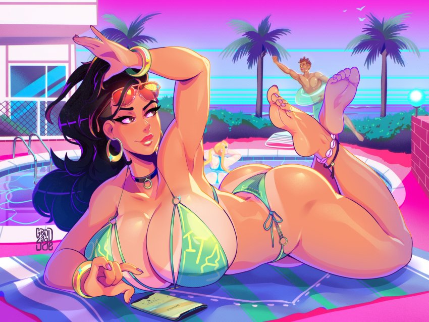 1boy 2girls armpits ass bikini bikini_tan breasts capcom cellphone choker cleavage curvy dark-skinned_female dark_skin grand-sage highres innertube laura_matsuda lying multiple_girls muscular muscular_male nail_polish on_stomach phone pool rainbow_mika sean_matsuda smartphone street_fighter sunglasses sunglasses_on_head swim_ring swimsuit synthwave tan tanline thong thong_bikini towel tree water