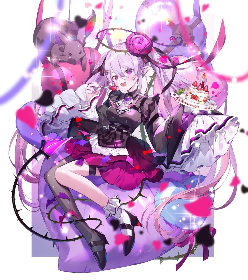 1girl ascot black_pantyhose black_shoes blurry blurry_foreground breasts brooch cake commentary copyright_request dress earrings food fork fruit full_body hair_between_eyes hair_ribbon hands_up high_heels highres holding holding_fork ibara_riato jewelry long_hair long_sleeves looking_at_viewer medium_breasts open_mouth pantyhose pink_hair pointy_ears purple_eyes purple_nails ribbon shoes short_dress single_leg_pantyhose single_sock sleeves_past_fingers sleeves_past_wrists socks solo strawberry symbol-only_commentary thorns twintails white_ascot white_socks