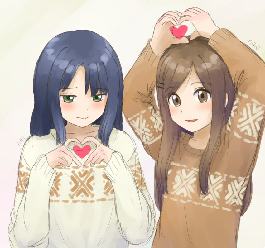 2girls adachi_sakura adachi_to_shimamura blue_hair blush brown_eyes brown_hair brown_sweater closed_mouth commentary_request finger_heart green_eyes heart heart_hands heart_in_heart_hands highres m107_hoge multiple_girls parted_lips shimamura_hougetsu smile sweater upper_body white_sweater