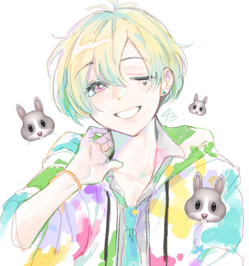 1boy 43_pon bad_id bad_twitter_id blonde_hair bracelet earrings emoji facial_mark hair_between_eyes hanazono_momohito hand_on_own_neck hand_up heart_on_cheek highres hood hood_down hoodie idolmaster idolmaster_side-m idolmaster_side-m_growing_stars jewelry looking_at_viewer male_focus multicolored_hoodie one_eye_closed open_mouth pink_eyes rabbit short_hair signature simple_background smile solo upper_body white_background