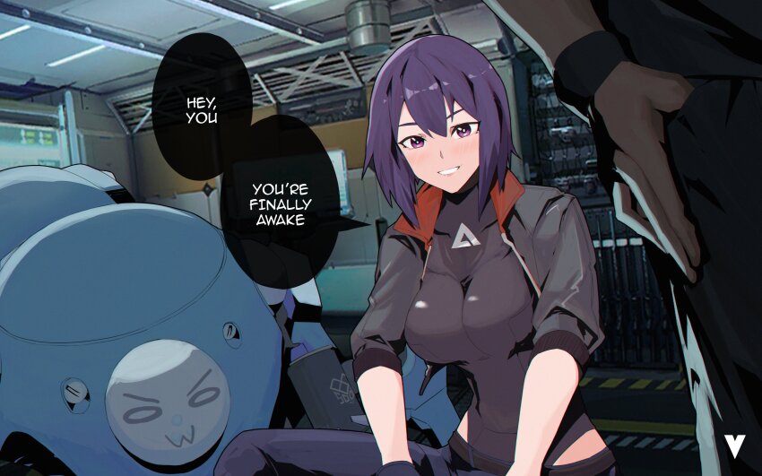 1girl 1other absurdres belt english_text ghost_in_the_shell ghost_in_the_shell:_sac_2045 girls&#039;_frontline highres hip_vent jacket kusanagi_motoko looking_at_viewer m4_sopmod_ii_jr meme out_of_frame pants pov purple_hair robot short_hair tachikoma variasii you&#039;re_finally_awake_(meme)